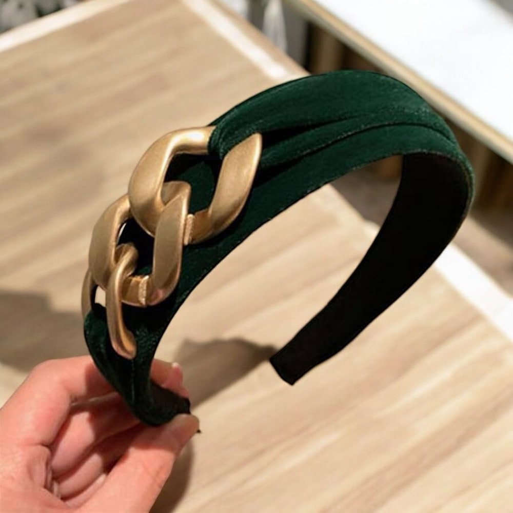 🌼Hairband Gold Chain Detail Headband in Green Velvety feel NWOT - Picture 1 of 8